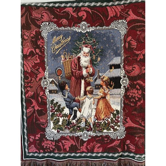 Hmk Woven Tapestry Throw Blanket Christmas Holiday Santa Victorian 42x50 Vintage - Picture 2 of 12